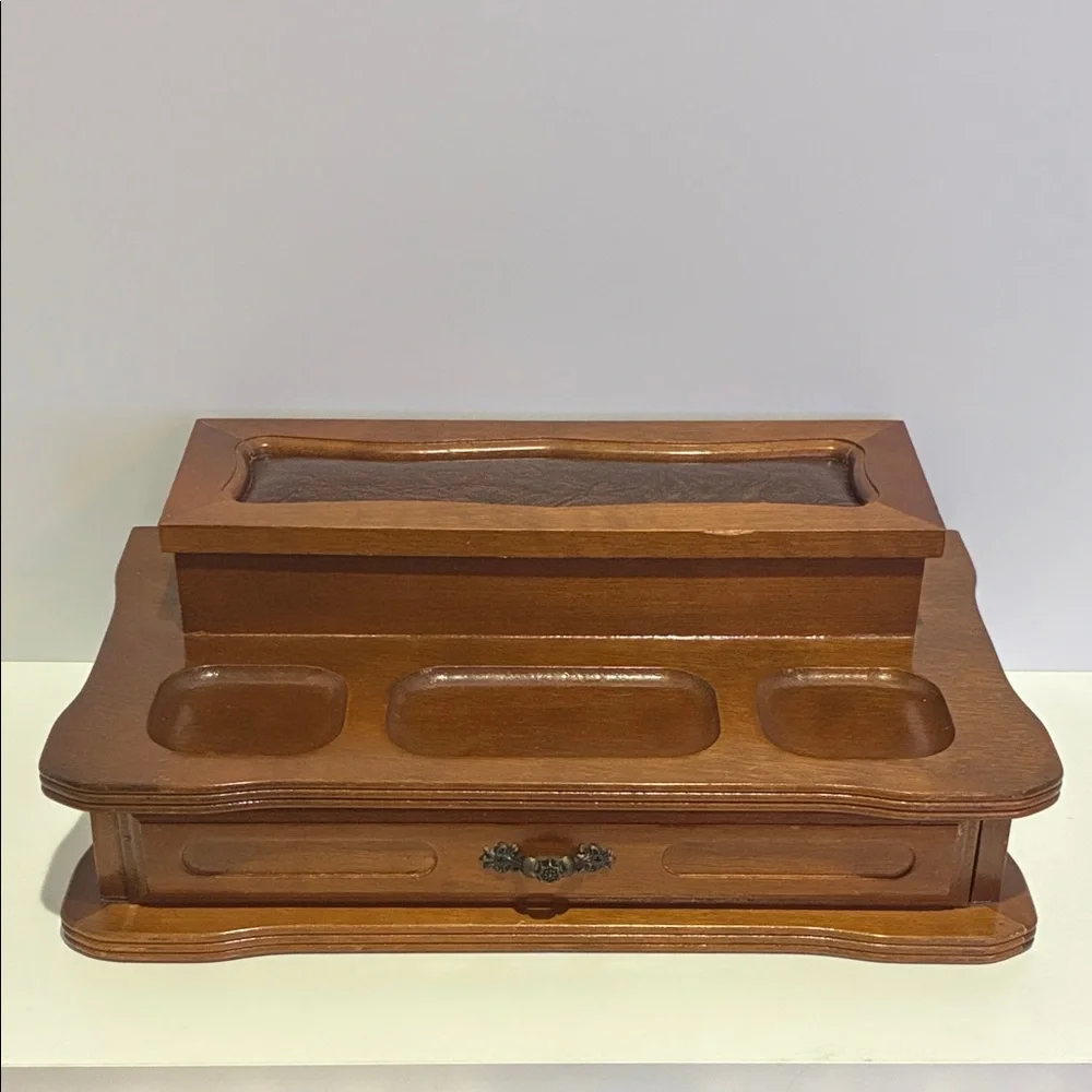 MCM Vintage Wood And Leather Two Tier Jewelry Box Velvet Lined